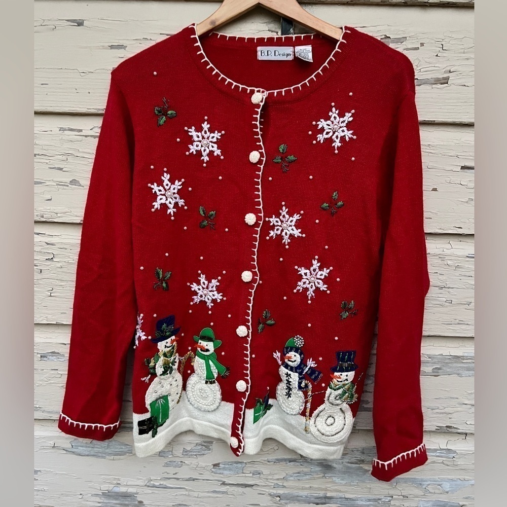 Vintage B.P. Design Ugly Christmas Snowman Snowflake Embroidery Cardigan Sweater
